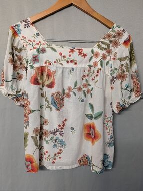 Johnny Was Ekru Ardell Puff Sleeve Floral Square-Neck Blouse Size XS